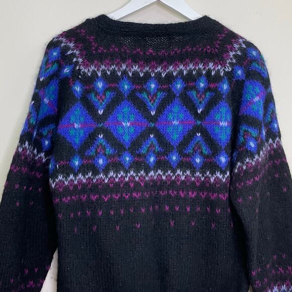 Vintage L.L. Bean Women's Size S Black Mohair-Nylon Fair Isle Cardigan Sweater - Picture 9 of 10